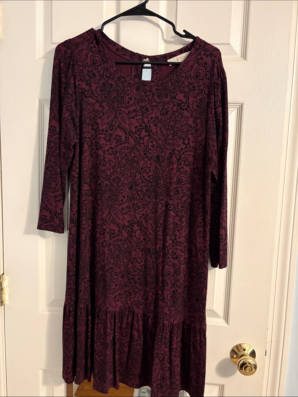LOFT Burgundy Floral-Print Long Sleeve A-Line Dress